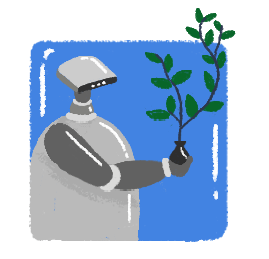 Spot illustration of a robot holding a plant