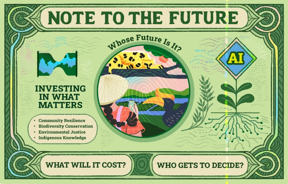 Illustration of a green bill reading: Note to the Future